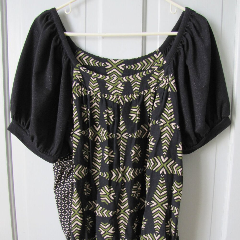 Maeve Green n Black Puff Sleeve Batik Peasant Blouse XL